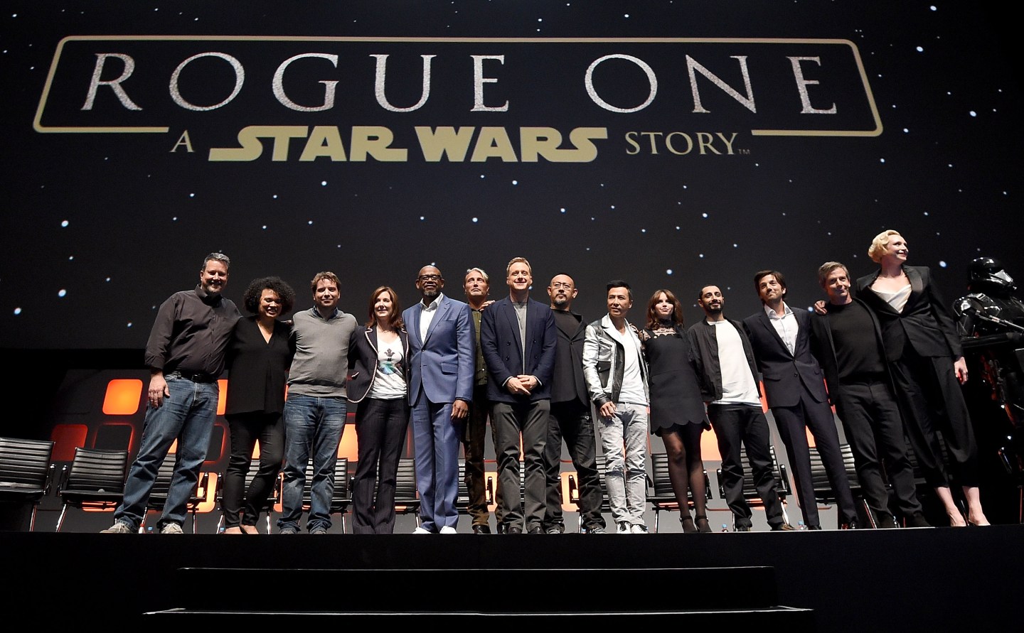 Stars stand on stage during the Rogue One Panel at the Star Wars Celebration 2016 at ExCel on July 15, 2016 in London, England.