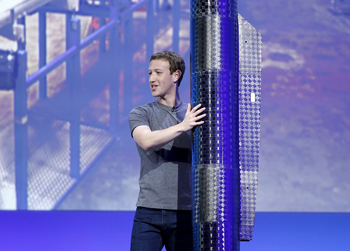 File photo of Facebook CEO Mark Zuckerberg holding a propeller pod of the solar-powered Aquila drone during the Facebook F8 conference in San Francisco, California