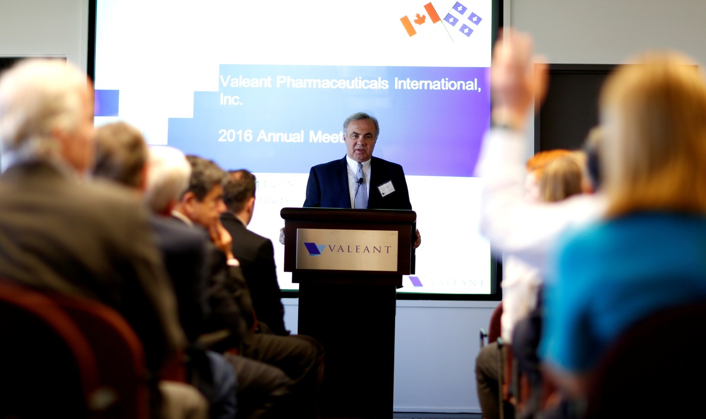 Valeant Pharmaceuticals International Inc's new chief executive Joseph Papa answers questions from shareholders during their annual general meeting in Laval
