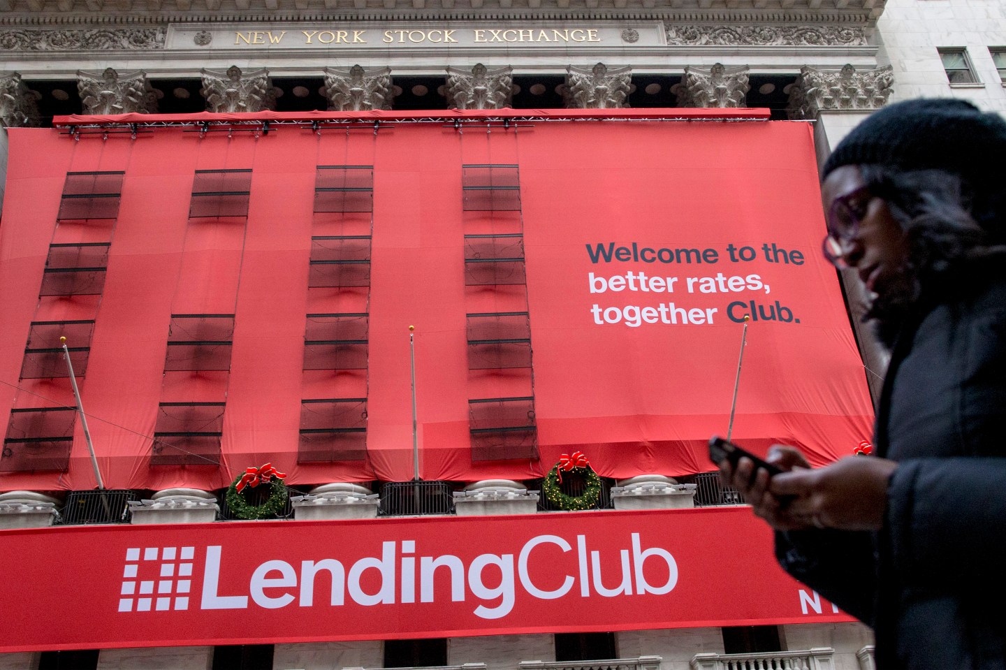 Lending Club banner hangs on the facade of the the New York Stock Exchange