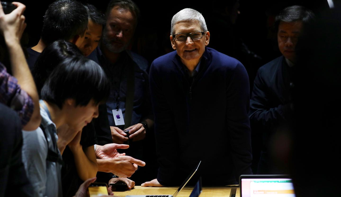 Tim Cook, the chief executive of Apple, in a demonstration area during the unveiling of the new MacBook Pro at Apple headquarters in Cupertino, Calif.