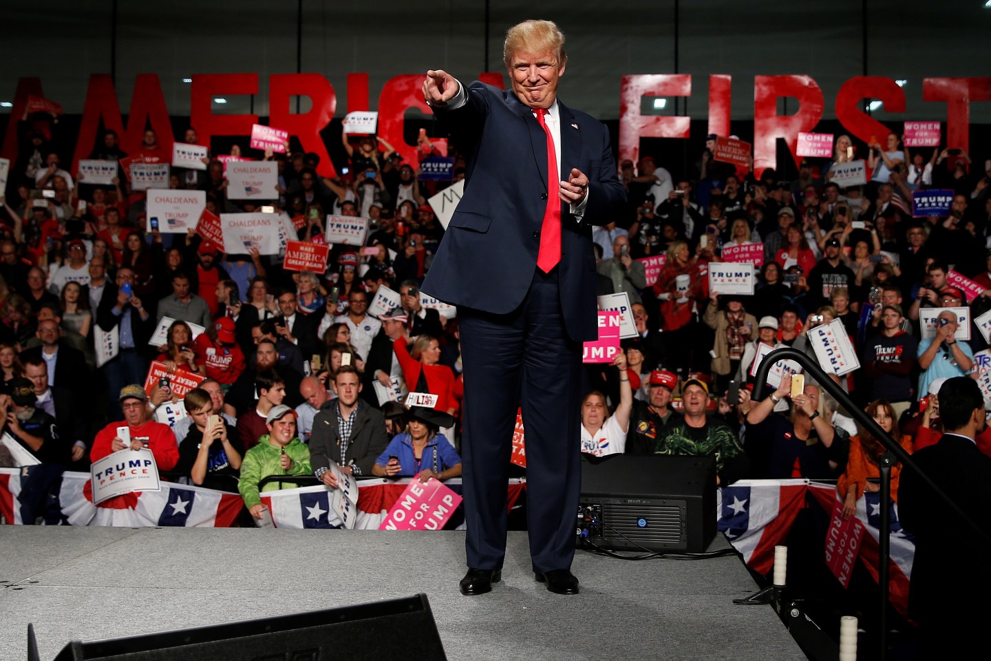 Republican presidential nominee Donald Trump appears at a campaign rally in Warren