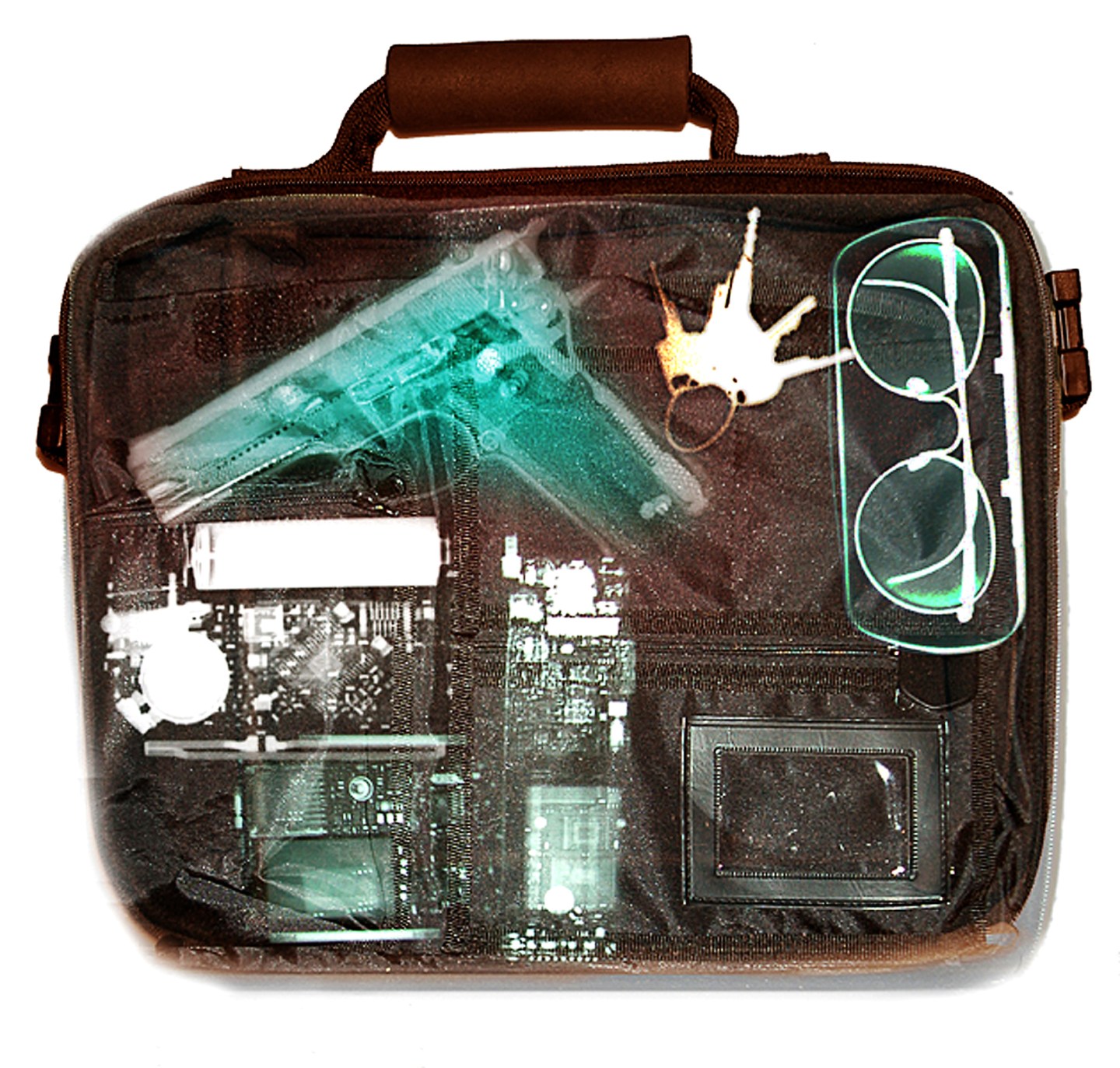 X-ray of a briefcase with a gun.