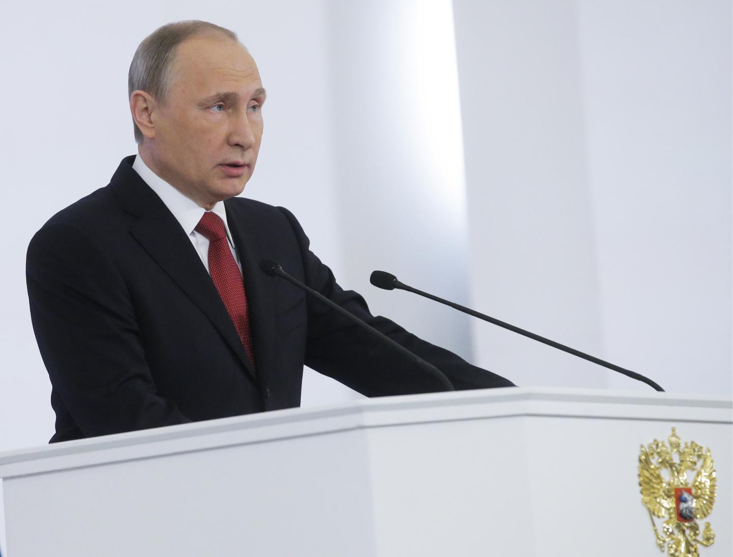 Russia’s President Vladimir Putin delivers his annual address to the Russian Federal Assembly at the Moscow Kremlin.