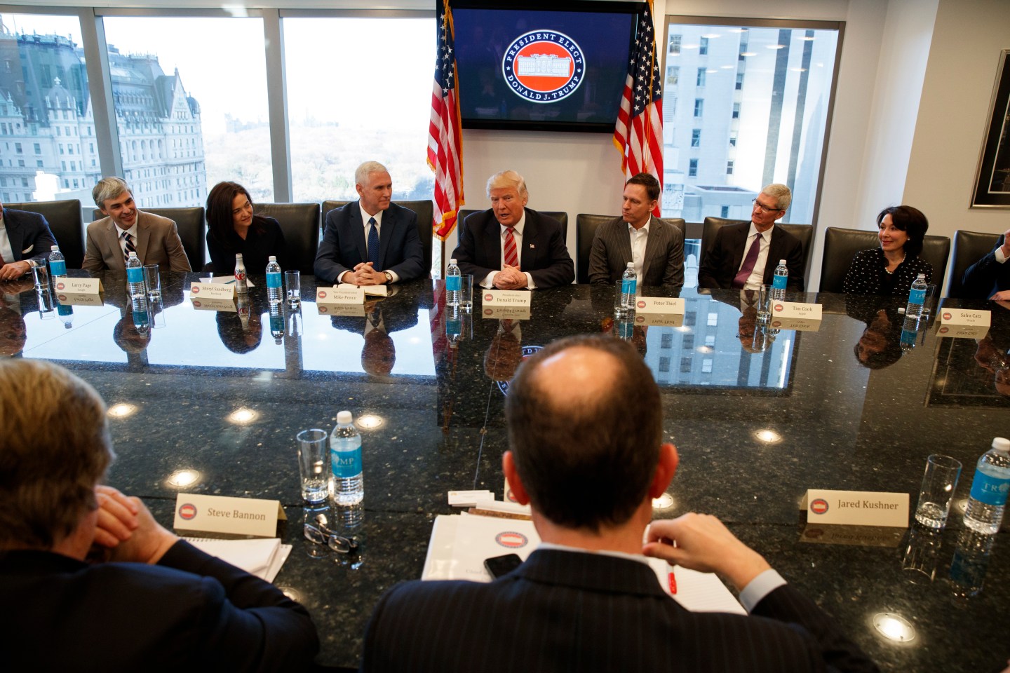 Donald Trump, Sheryl Sandberg, Mike Pence, Peter Thiel, Tim Cook, Safra Catz