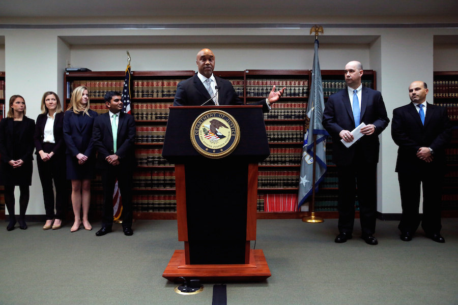 U.S. Attorney for the Eastern District of New York Capers speaks to media regarding the indictment charging Mark Nordlicht, the Founder and Chief Investment Officer of Platinum Partners and six other individuals with fraud, in New York City