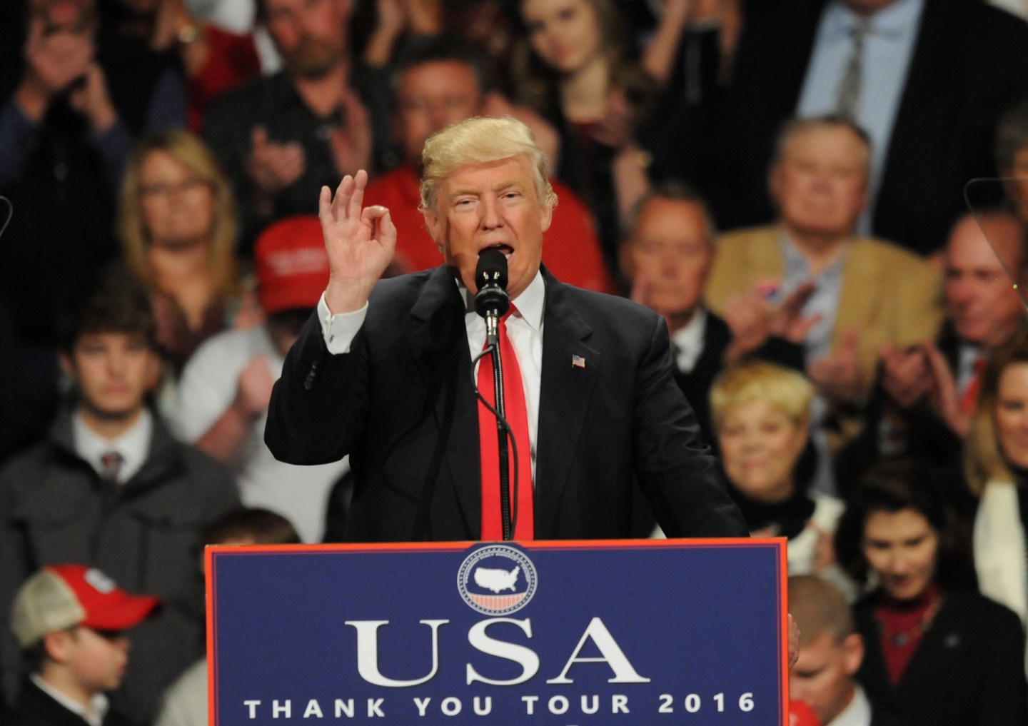 U.S. President-elect Donald Trump speaks at a Victory Tour Rally, on December 8, 2016 in Des Moines, Iowa.