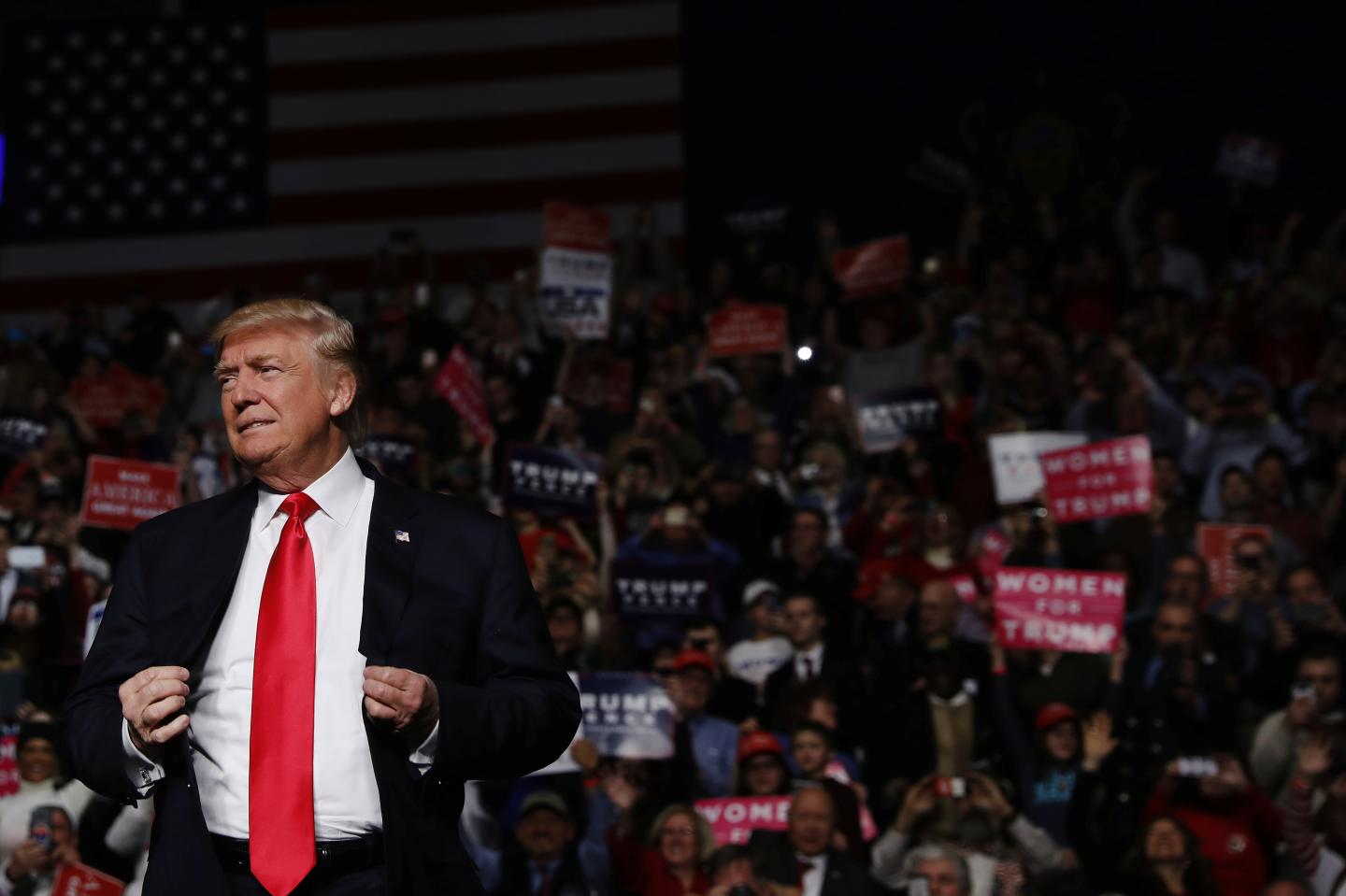 U.S. President-elect Donald Trump arrives to speak during a USA Thank You Tour event at Giant Center in Hershey, Pennsylvania