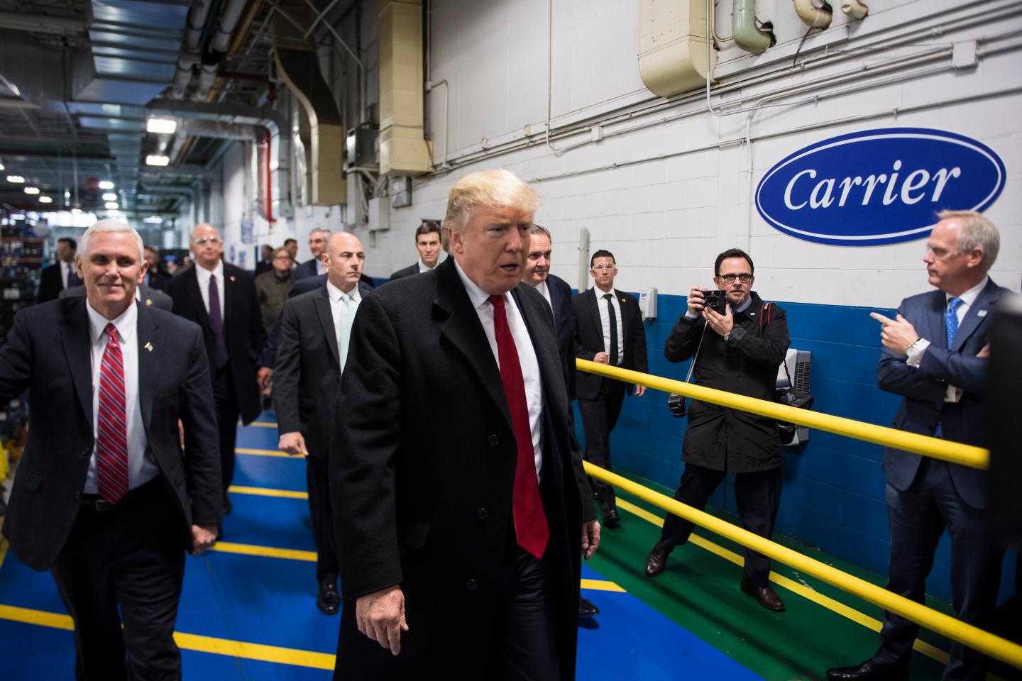 Republican presidential-elect Donald Trump and Vice President-elect Mike Pence at Carrier in Indianapolis Indiana
