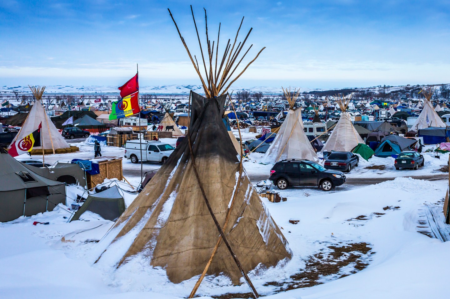 An estimated ten thousand water protectors, both indigenous