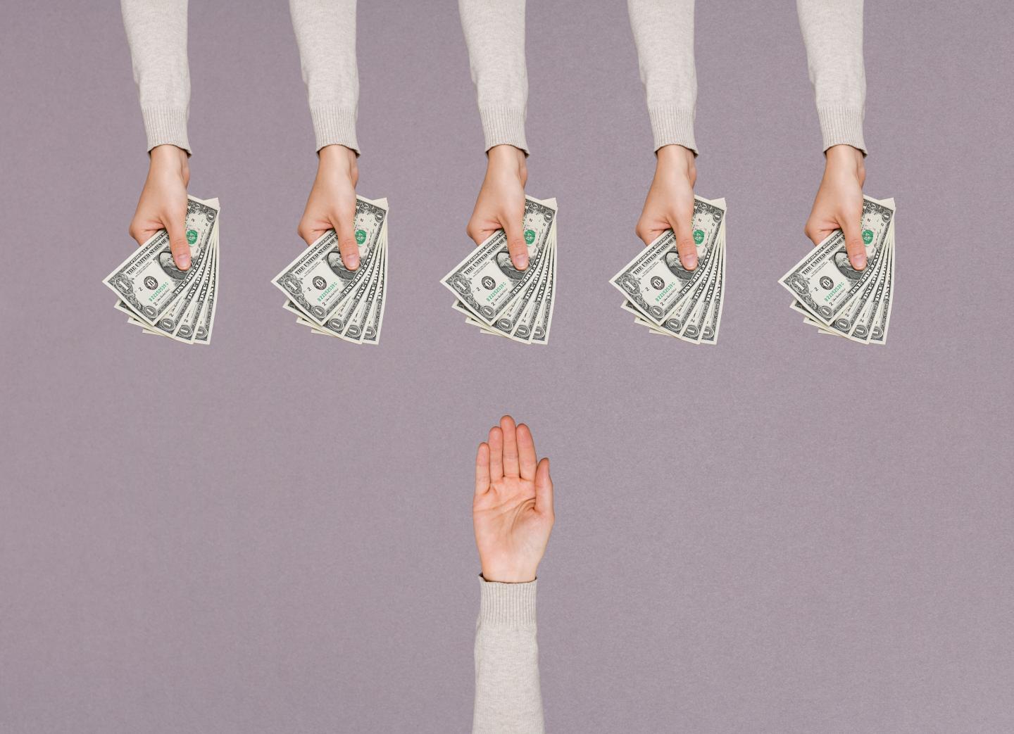 People handing over money