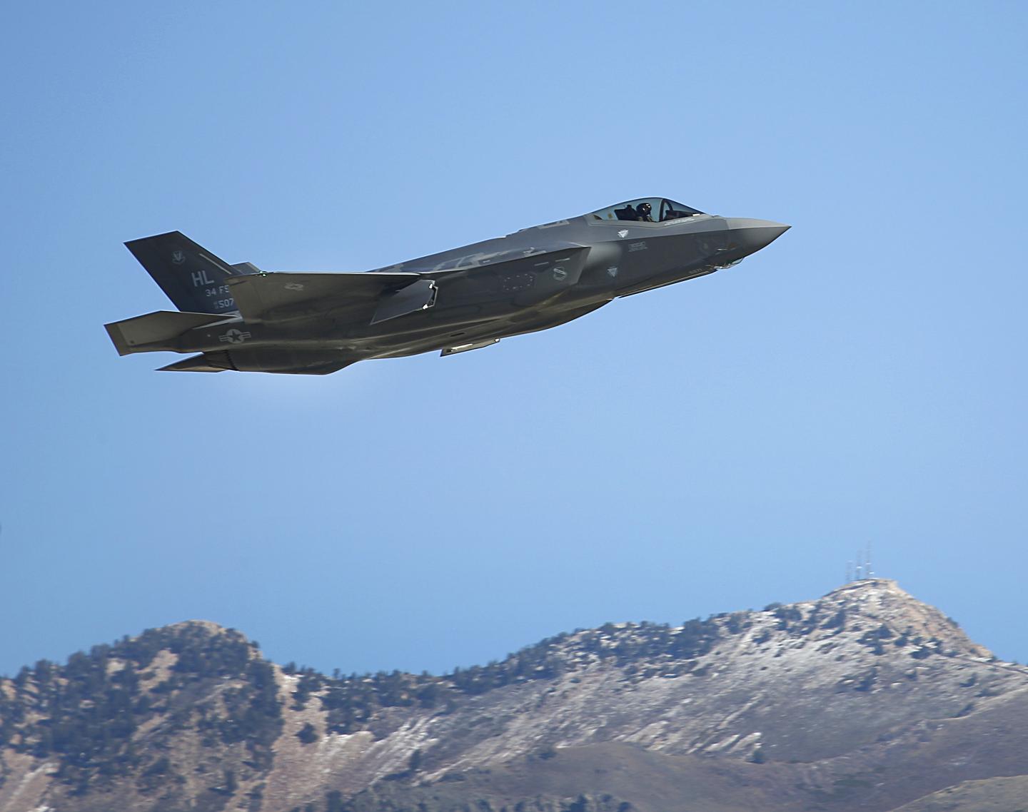A Lockheed Martin Corp. F-35A jet flies during a training mission in Hill Air Force Base, Utah, U.S., on Friday, Oct. 21, 2016.