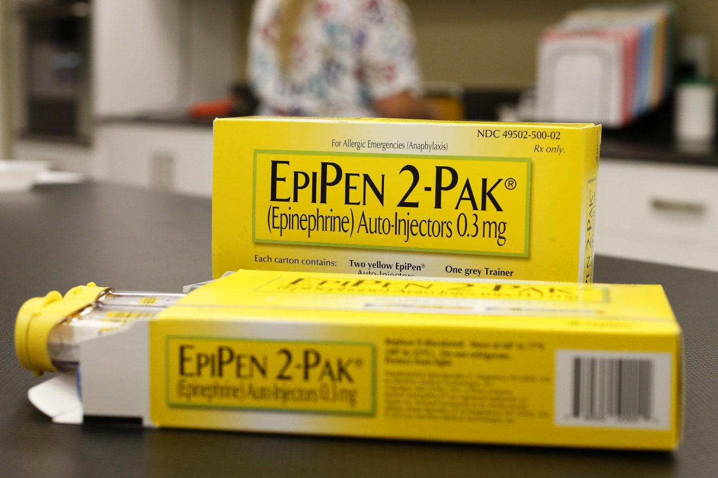 Mylan NV EpiPen 2-Pak medication sits on a table inside a pharmacy in Provo, Utah, U.S., on Wednesday, Aug. 31, 2016.