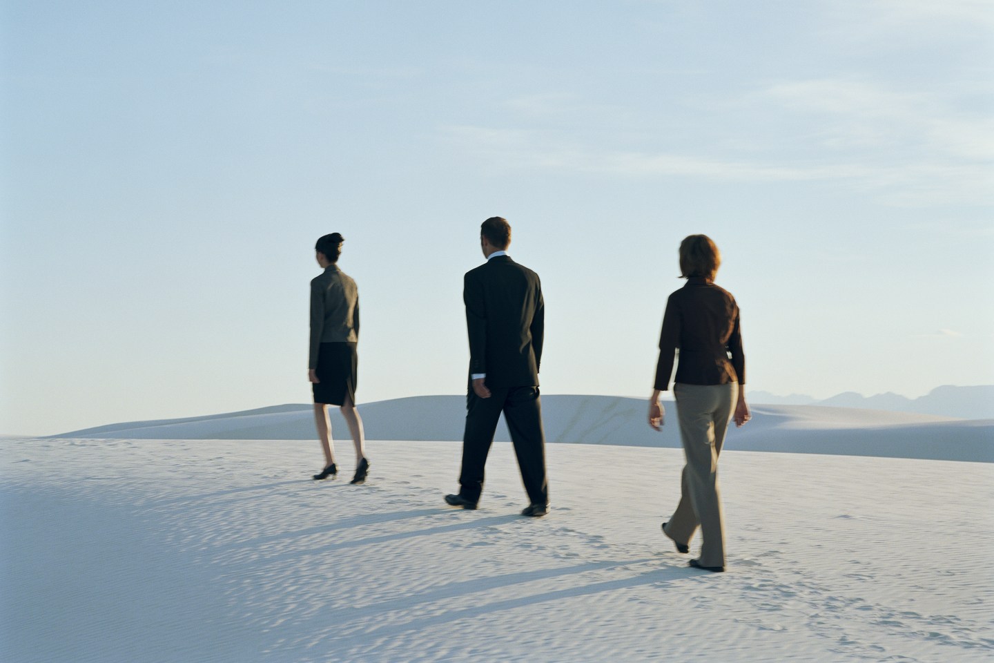 Businesspeople walking on sand dune, rear view (soft focus)