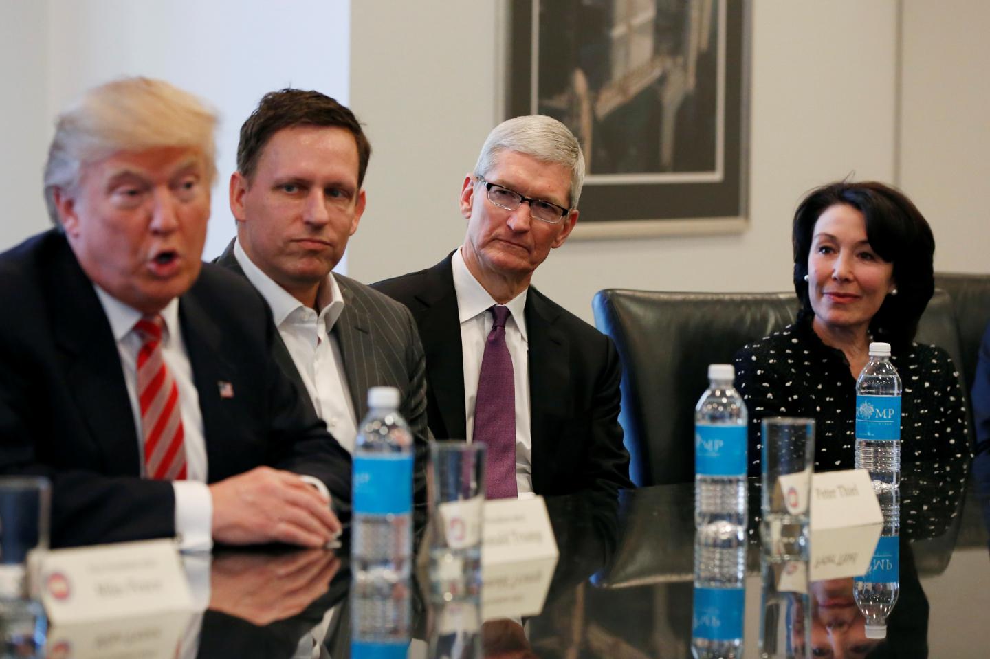 U.S. President-elect Donald Trump speaks as PayPal co-founder and Facebook board member Peter Thiel, Apple Inc CEO Tim Cook and Oracle CEO Safra Catz look on during a meeting with technology leaders at Trump Tower in New York