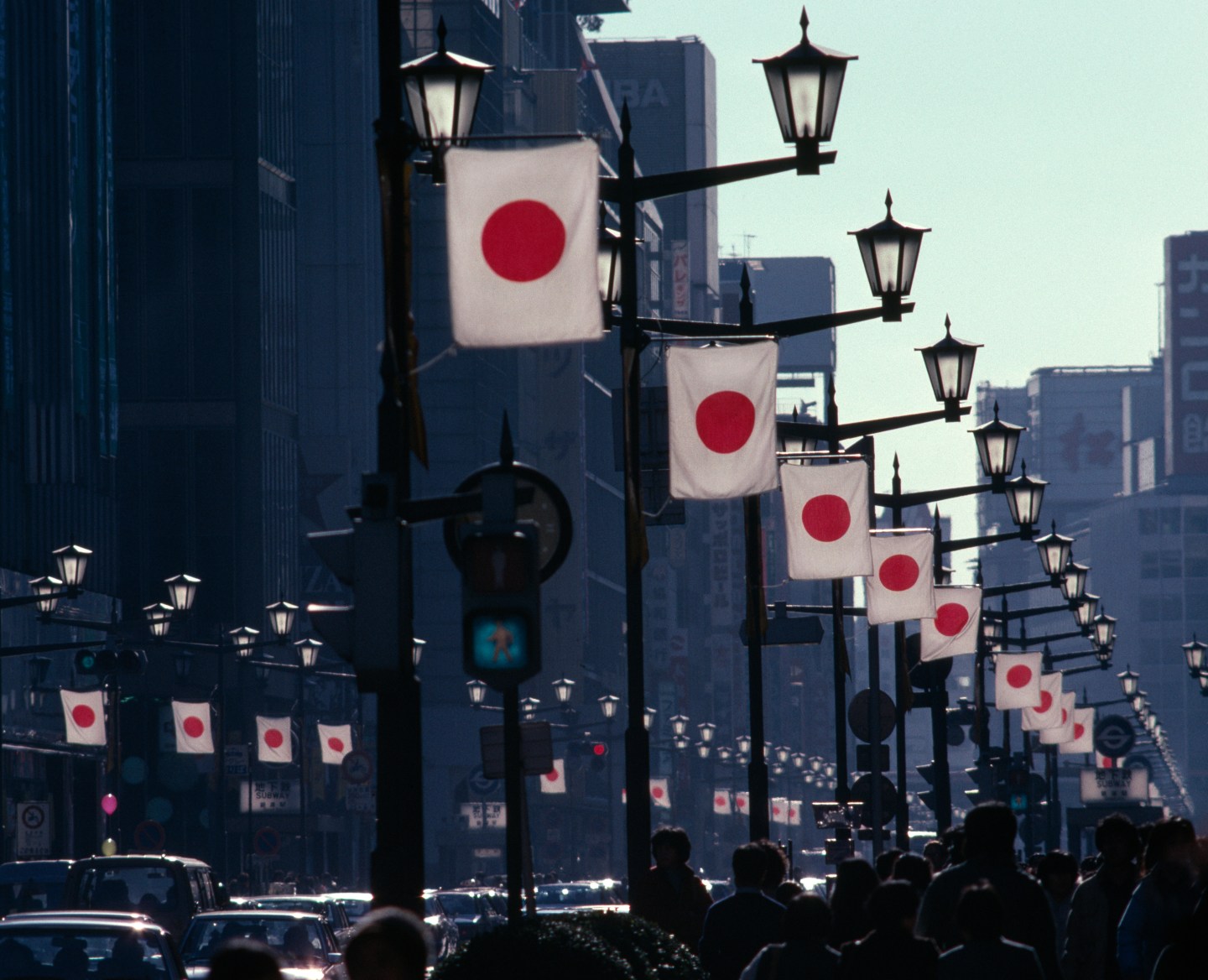 Japan, Tokyo, Giniza Street lined with flags