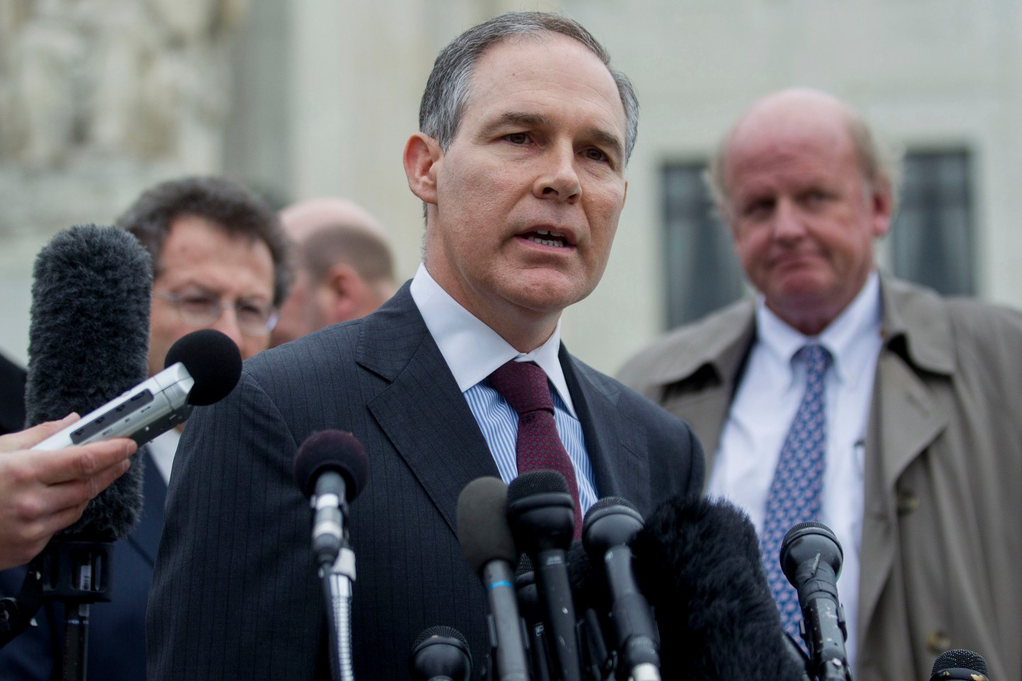 Scott Pruitt, attorney general of Oklahoma. speaks to the media in front of the U.S. Supreme Court in Washington, D.C., U.S., on Wednesday, March 4, 2015.
