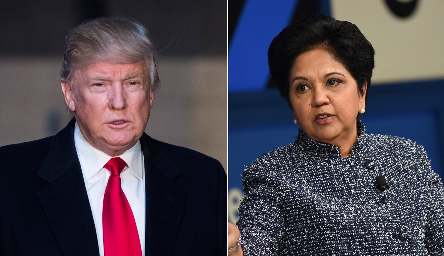 President-elect Donald Trump walks out to talk to members of the media after meeting with victims and families of the recent shooting at the Value City Arena at the Jerome Schottenstein Center at The Ohio State Universtiy in Columbus, Ohio on Thursday, Dec. 08, 2016. Chairman and CEO of PepsiCo Indra Nooyi speaks at The New York Times DealBook Conference at Jazz at Lincoln Center on November 10, 2016 in New York City.