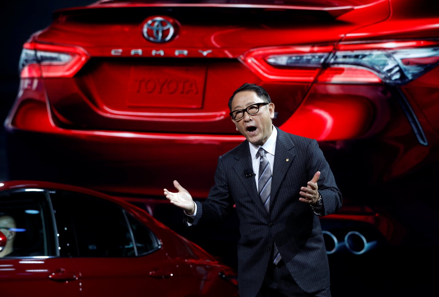FILE PHOTO - Toyota's Toyoda speaks during the North American International Auto Show in Detroit