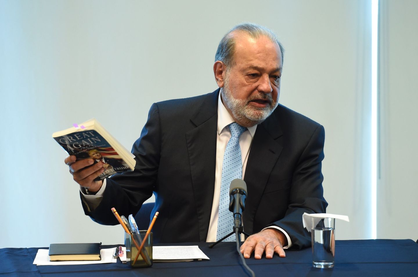 Mexican tycoon Carlos Slim speaks during a press conference in the midst of a diplomatic rift between Mexico and the US over Donald Trump's Mexico border wall.