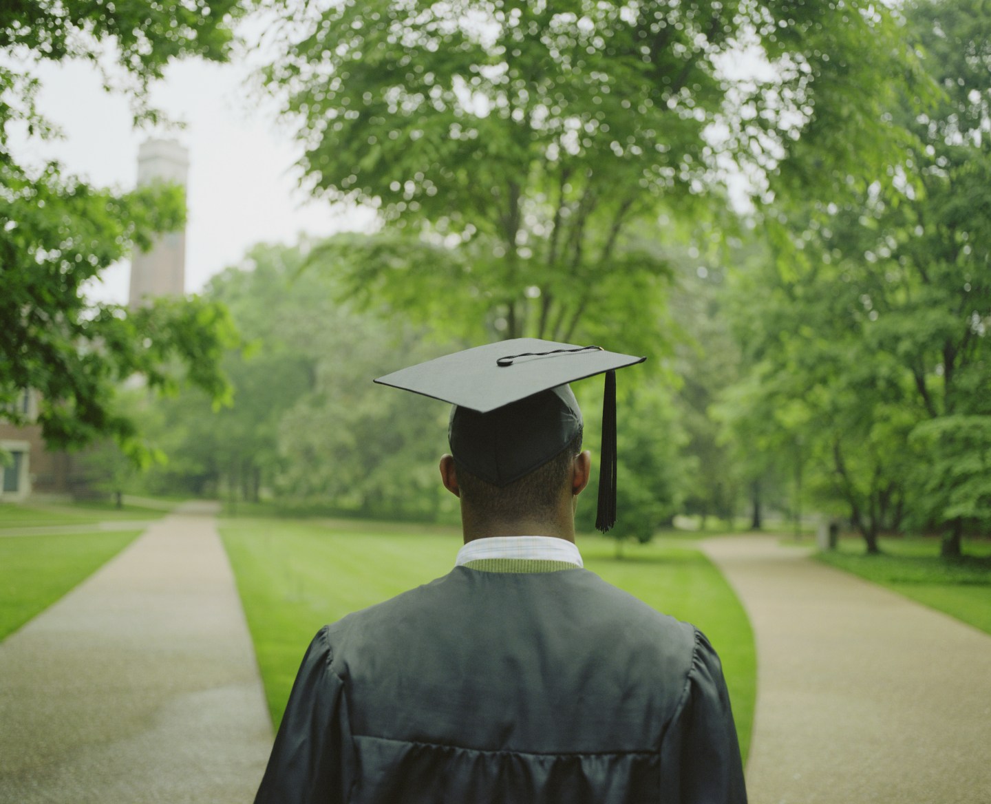 Male college student wearing cap and gown, rear view