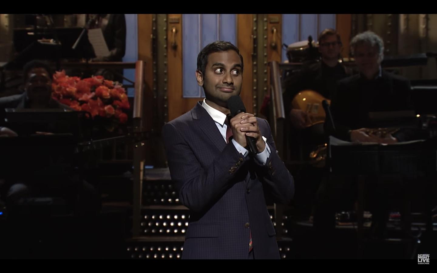 Comedian Aziz Ansari on Saturday Night Live, 21 January 2017