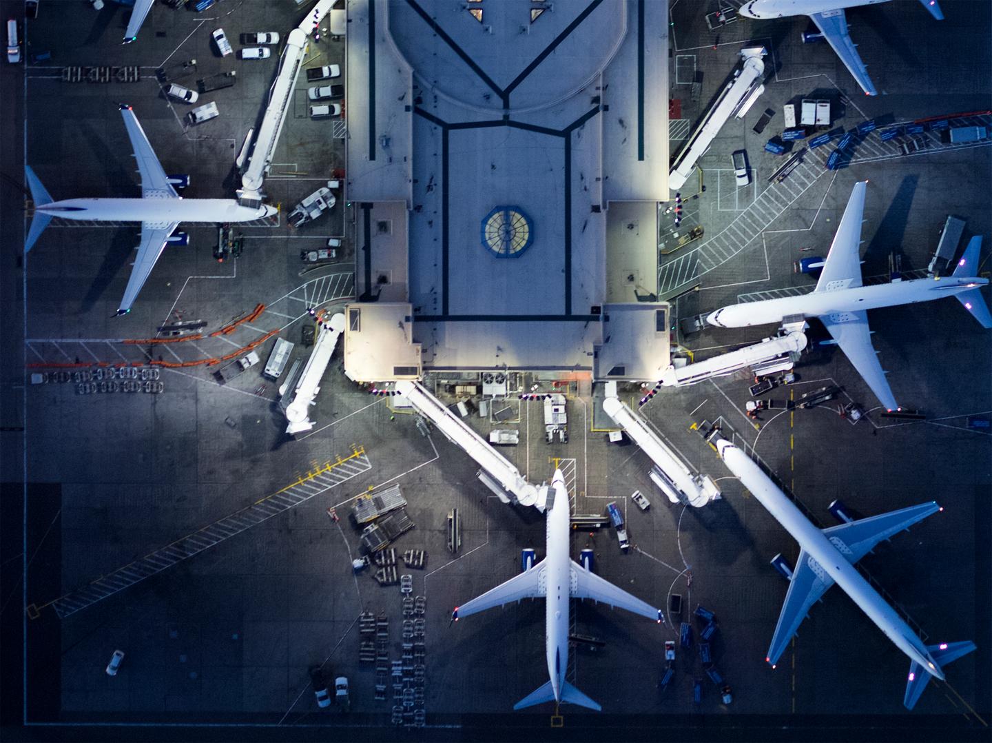 Airliners at gates and Control Tower at LAX