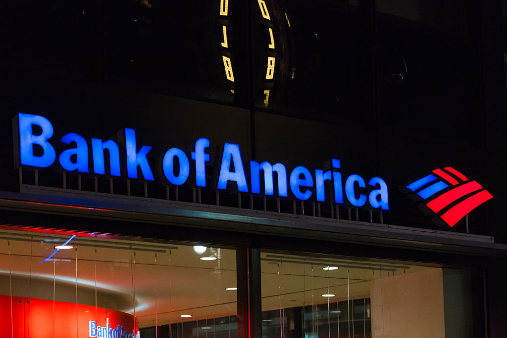 Night view of logo of the Bank of America Tower. It is an