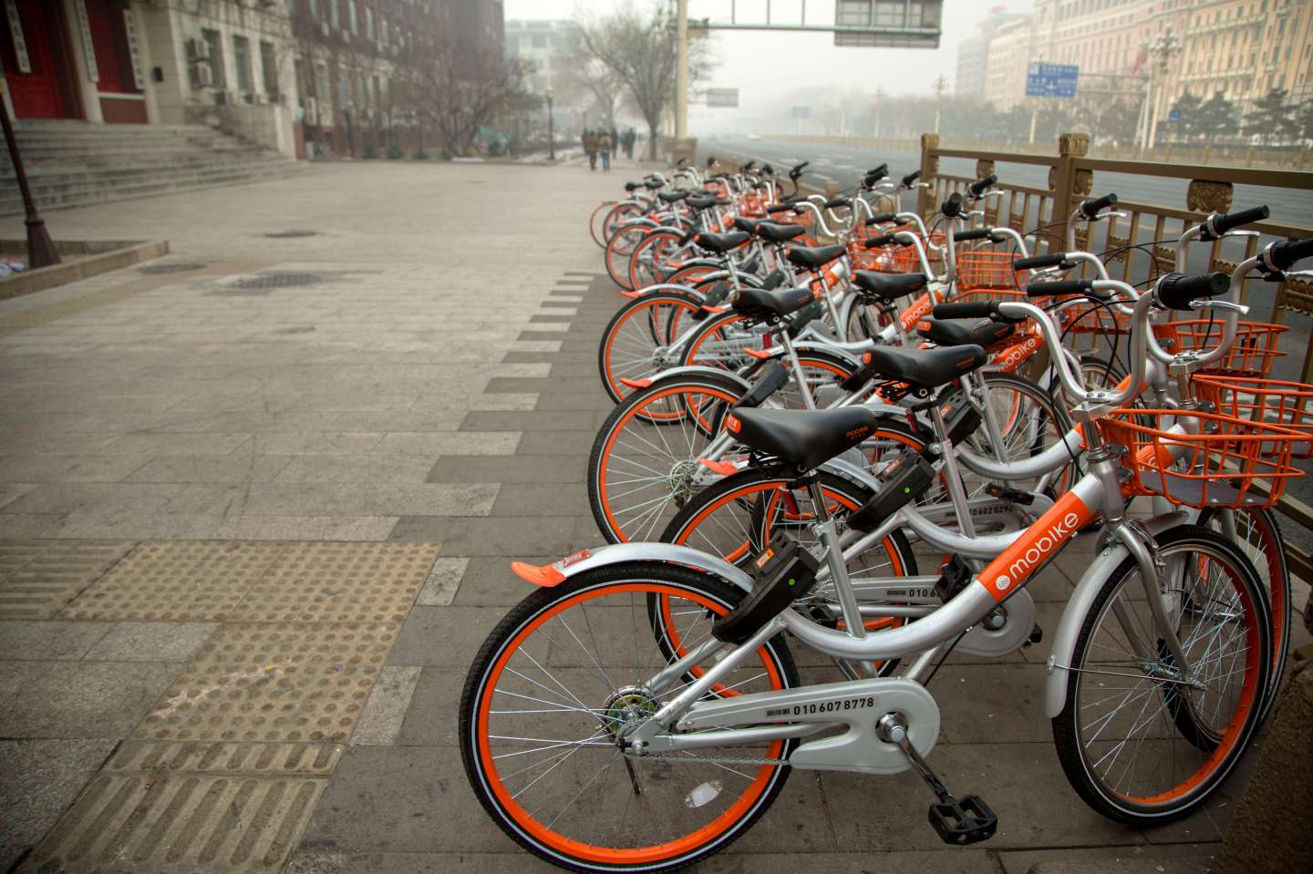 Mobikes bikes lined up on the streets. Mobike is one of