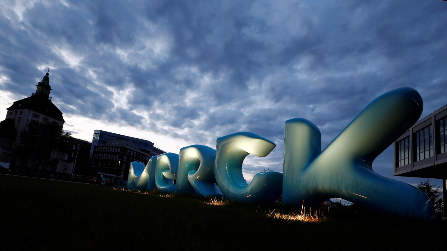 The logo of German pharmaceuticals company Merck is seen in front of the company's headquarters in Darmstadt