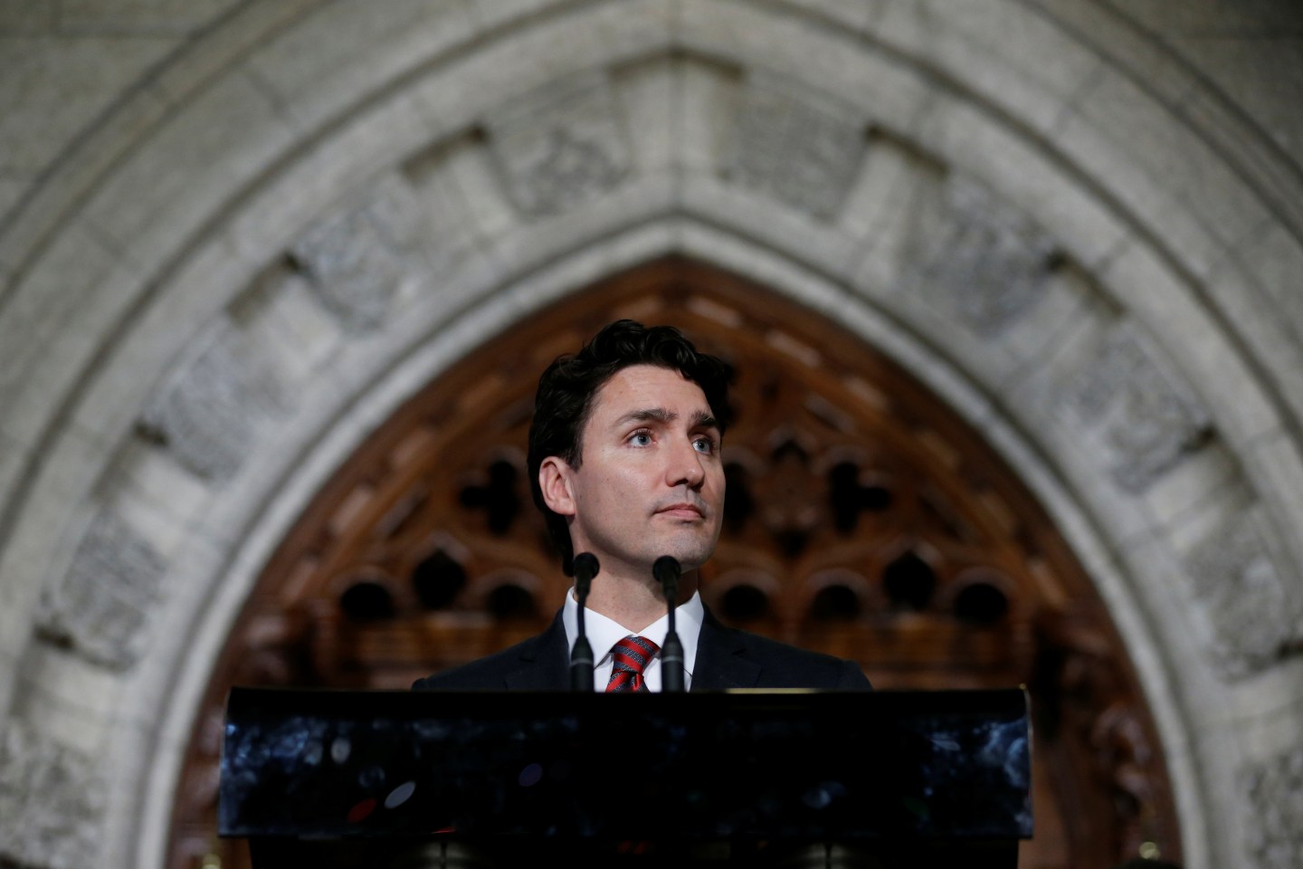 Canada's Prime Minister Justin Trudeau takes part in a news conference on Parliament Hill in Ottawa