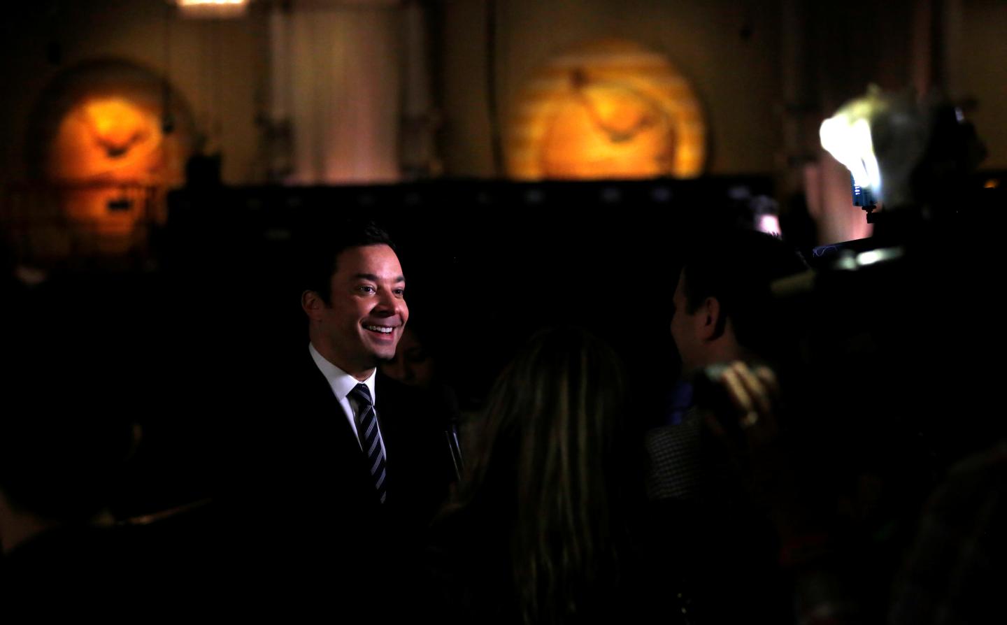 Host and comedian Fallon is interviewed during preparations for the 73rd Annual Golden Globe Awards in Beverly Hills