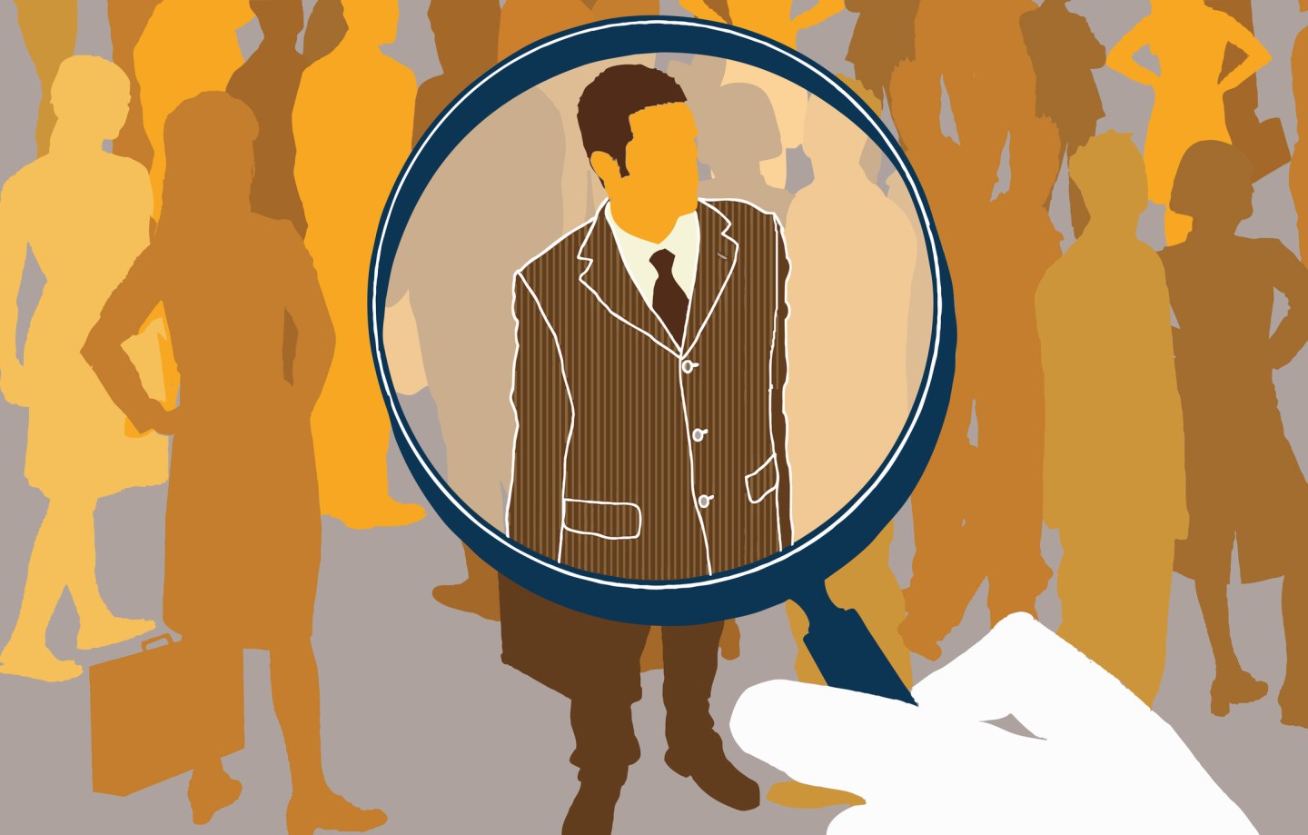 Hand holding magnifying glass over businessman