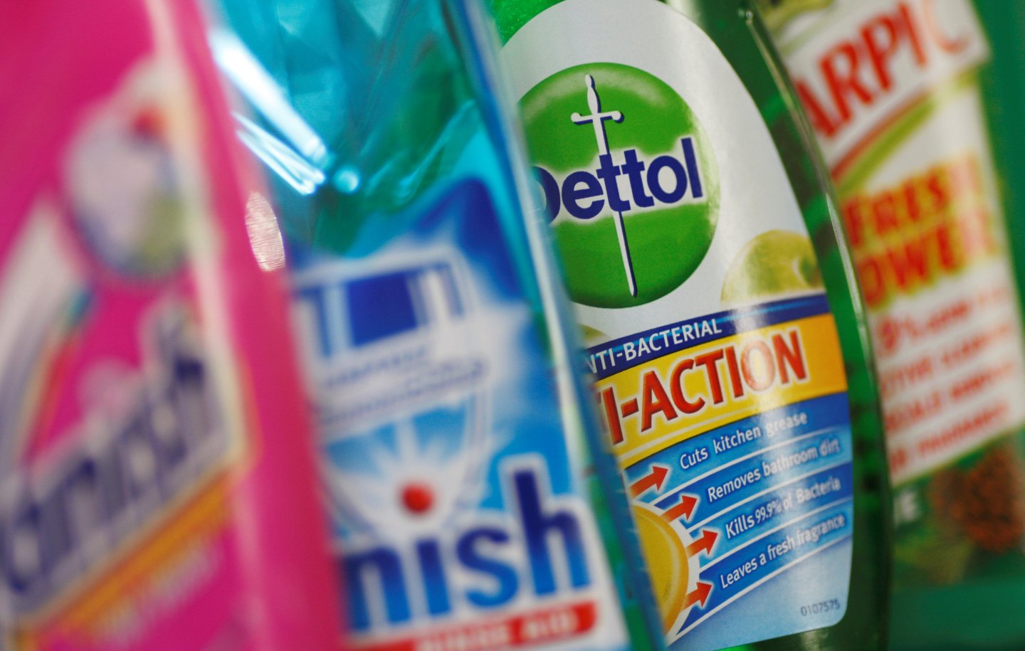 FILE PHOTO - Products produced by Reckitt Benckiser; Vanish, Finish, Dettol and Harpic are seen in London