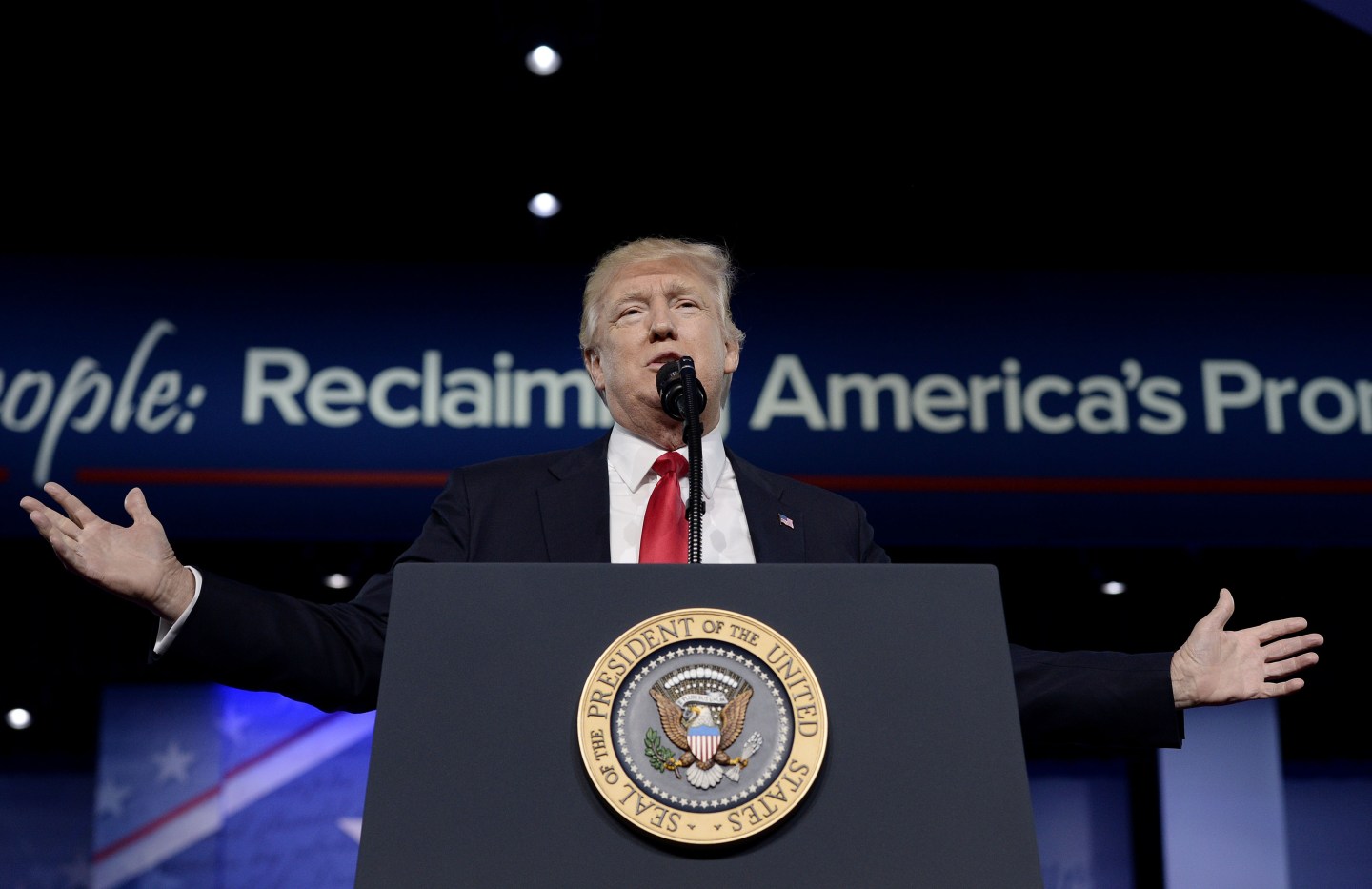President Trump Addresses Annual CPAC Event In National Harbor, Maryland