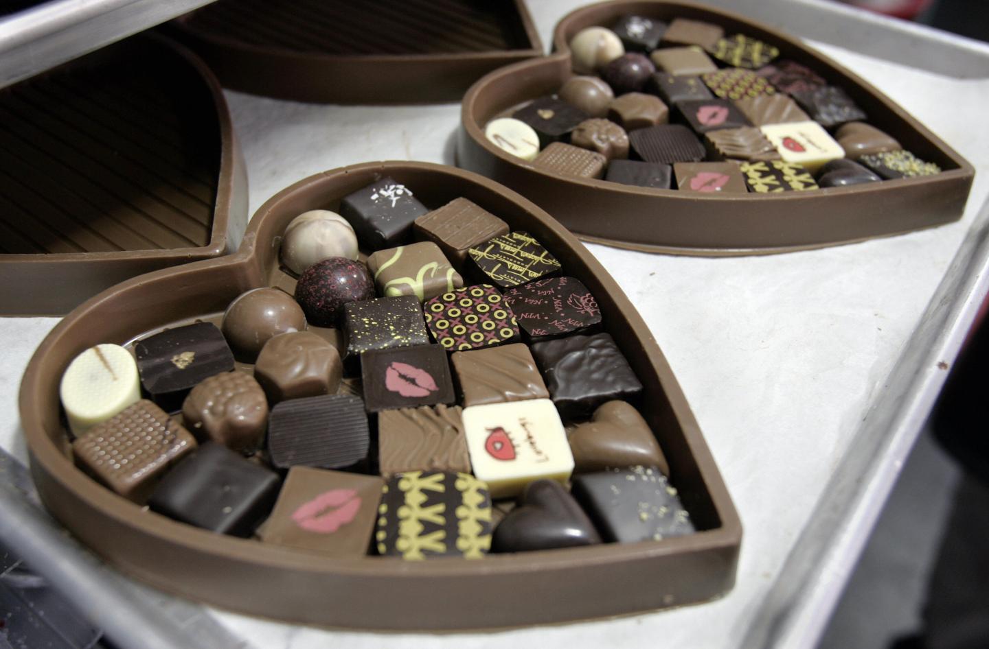 Heart-shaped chocolate boxes filled with
