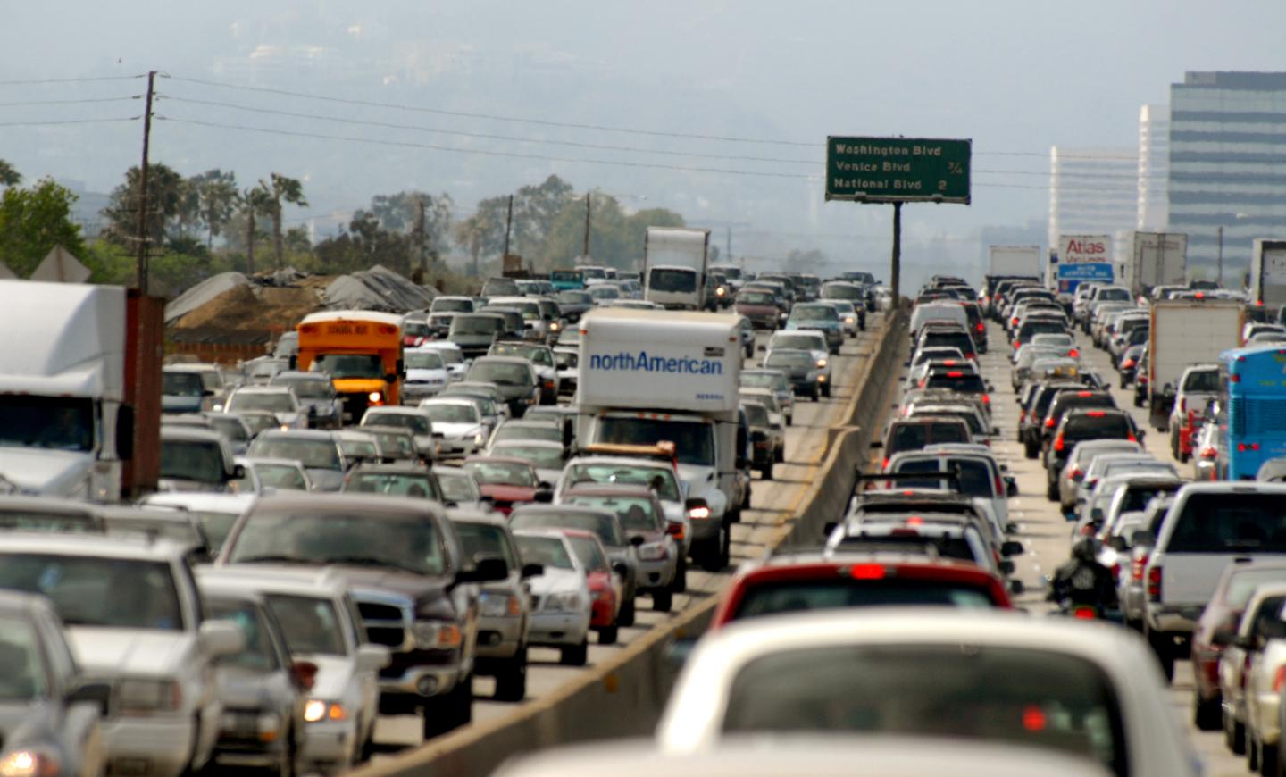 Commuters clog a freeway on Friday, May 18, 2007, in Los Ang