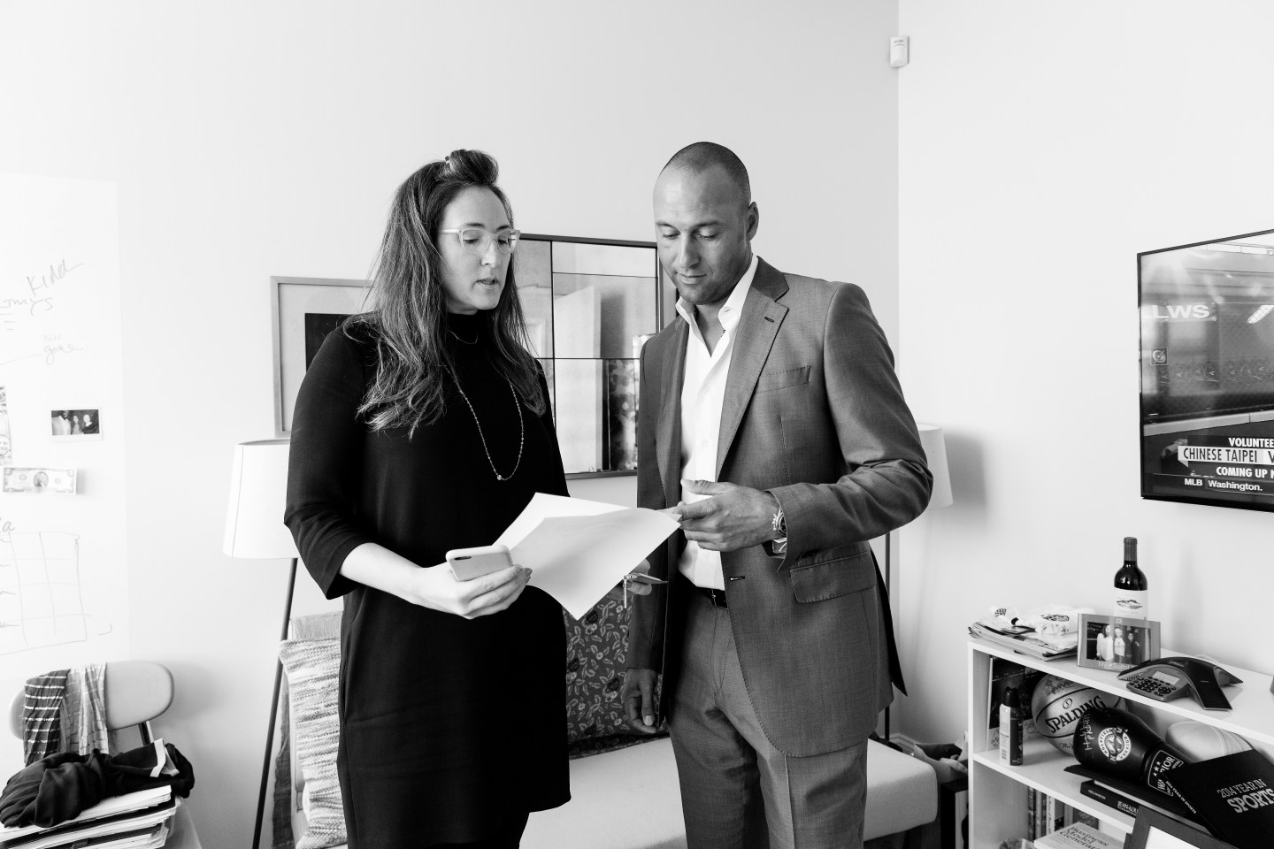 Derek Jeter meets with Jaymee Messler at the Players' Tribune office on August 24, 2015 in New York City, New York. (Photo by Steven Freeman/The Players' Tribune)