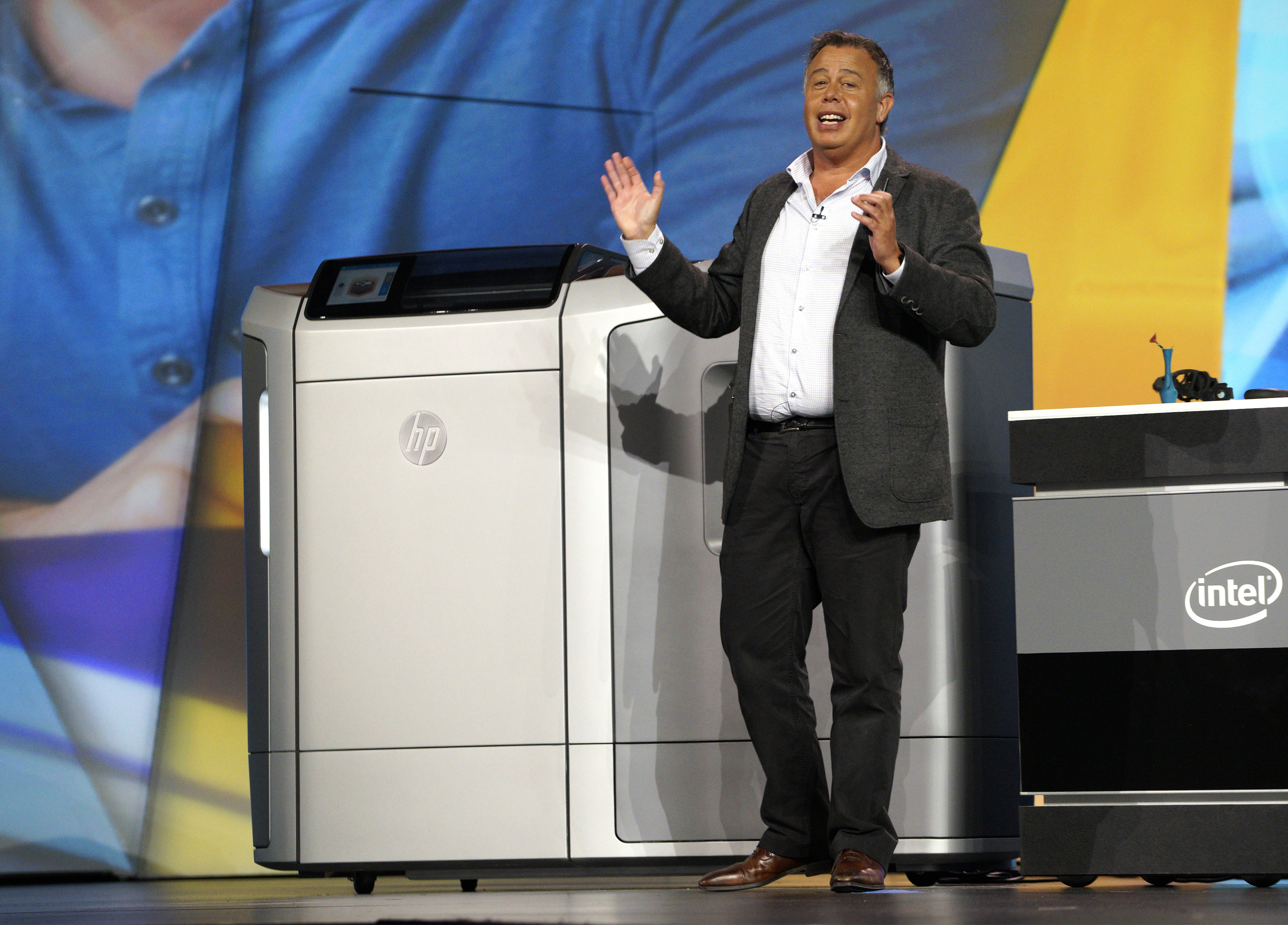 Weisler, HP's EVP of printing and personal systems, shows off his company's new 3D printer at the Intel keynote at the International Consumer Electronics show in Las Vegas