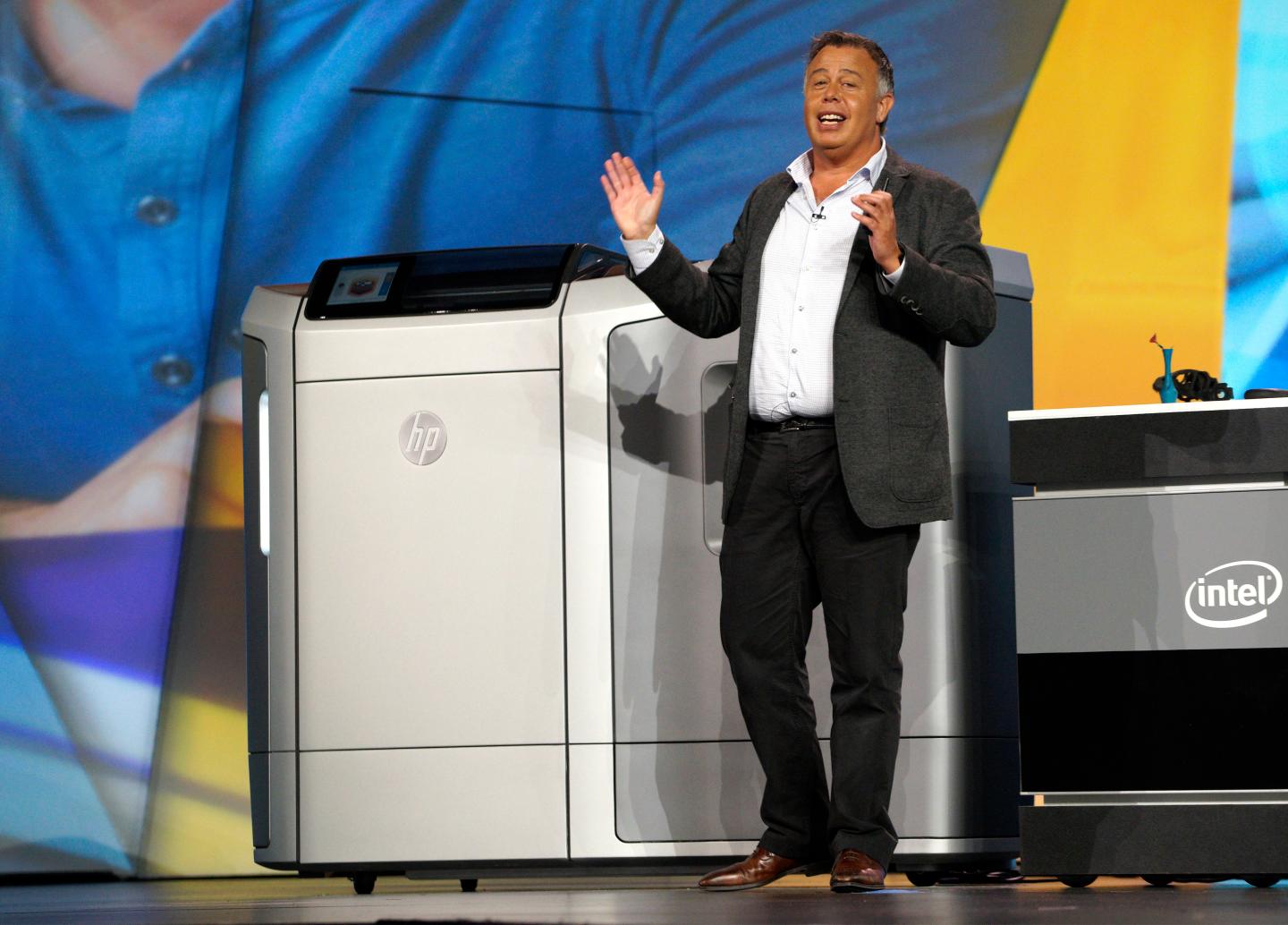 Weisler, HP's EVP of printing and personal systems, shows off his company's new 3D printer at the Intel keynote at the International Consumer Electronics show in Las Vegas