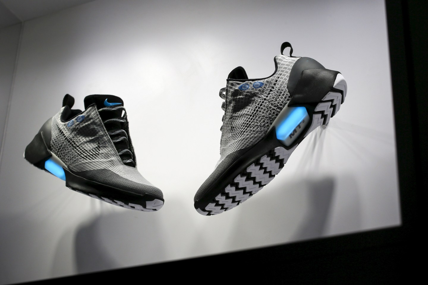 The Nike HyperAdapt 1.0 self-lacing shoe is displayed during a Nike unveiling event in New York,
