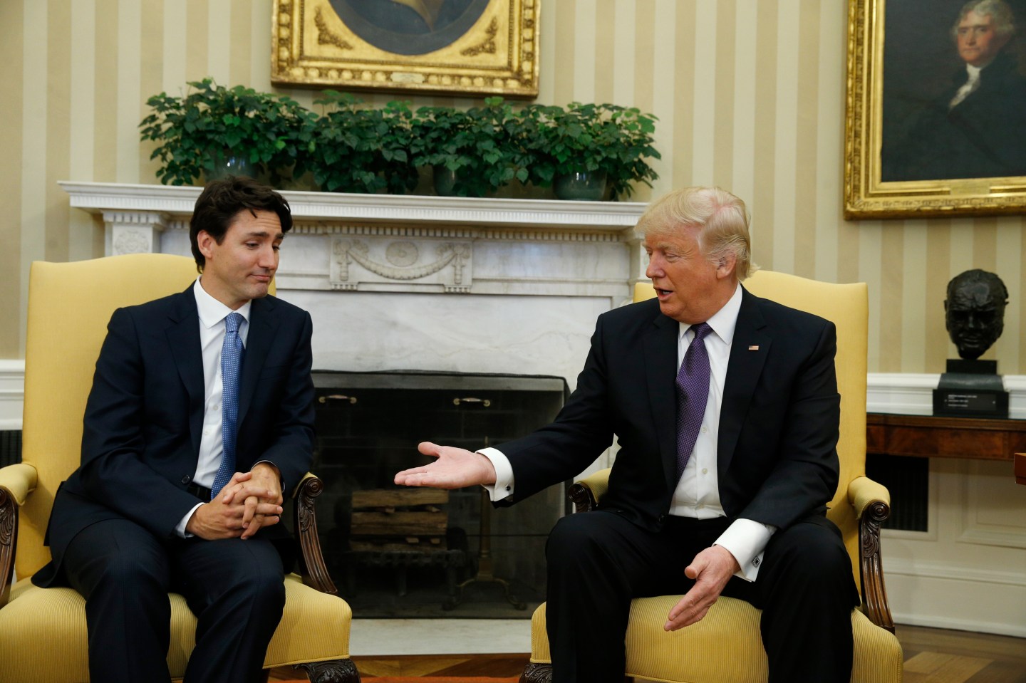 Canadian Prime Minister Trudeau is greeted by U.S. President Trump at the White House in Washington