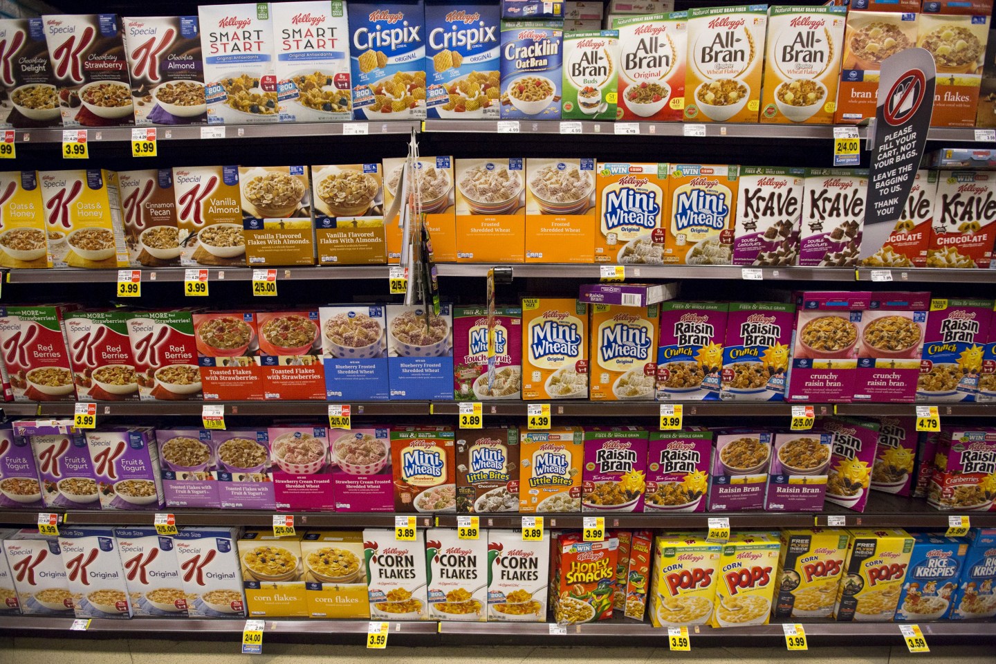 Various types of Kellogg's cereals are pictured at a Ralphs grocery store in Pasadena
