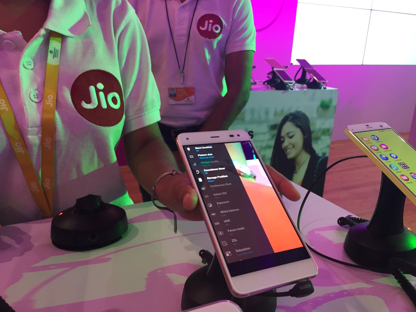 A Reliance employee demonstrates Jio LYF phone at their headquarters on the outskirts of Mumbai