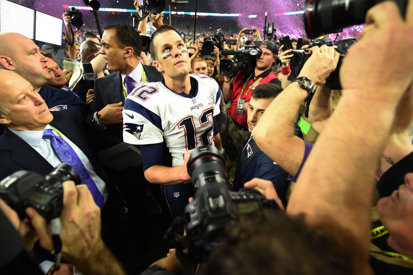 Tom Brady #12 of the New England Patriots looks on after defeating the Atlanta Falcons during Super Bowl 51 at NRG Stadium on February 5, 2017 in Houston, Texas.