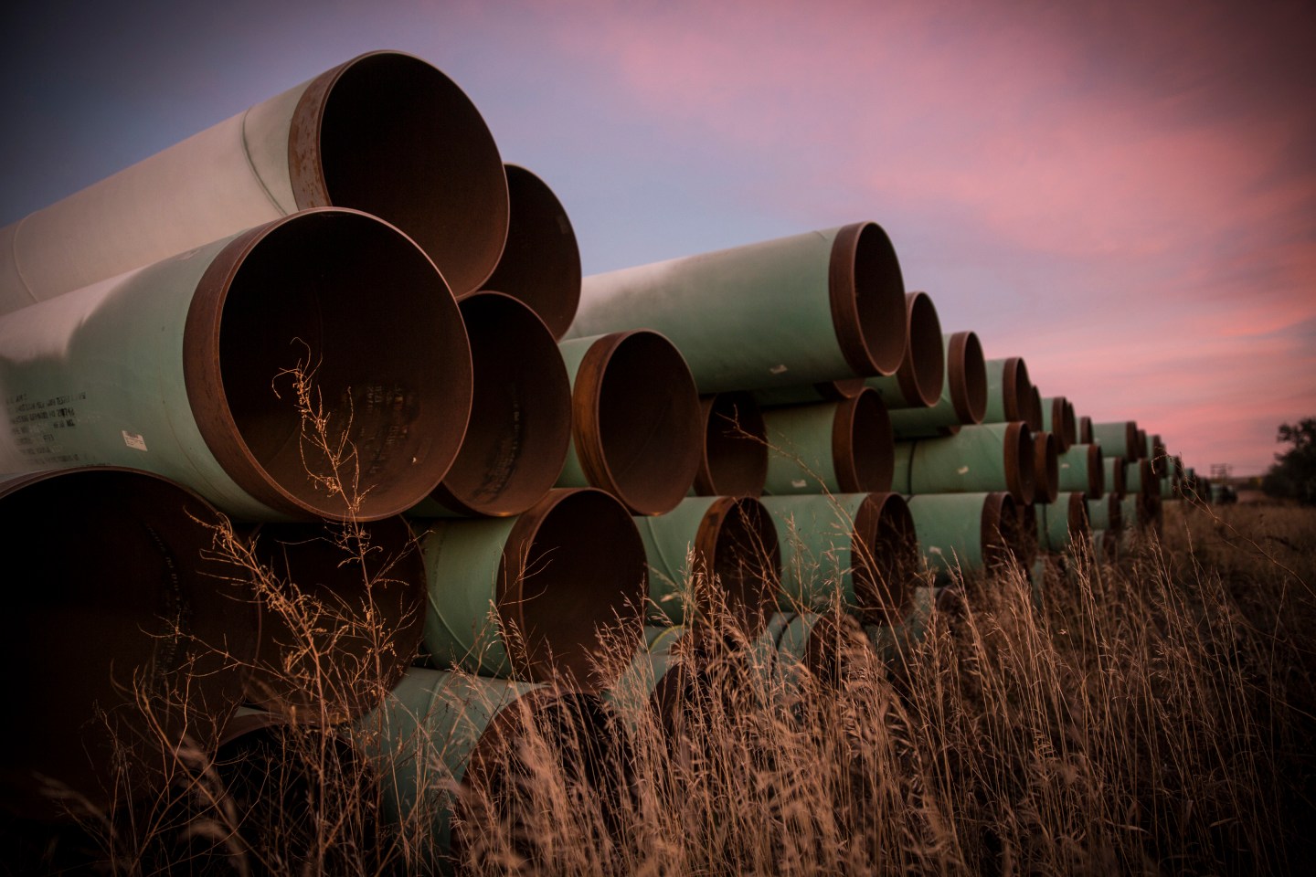 Miles of unused pipe, prepared for the proposed Keystone XL pipeline, sit in a lot on October 14, 2014 outside Gascoyne, North Dakota.