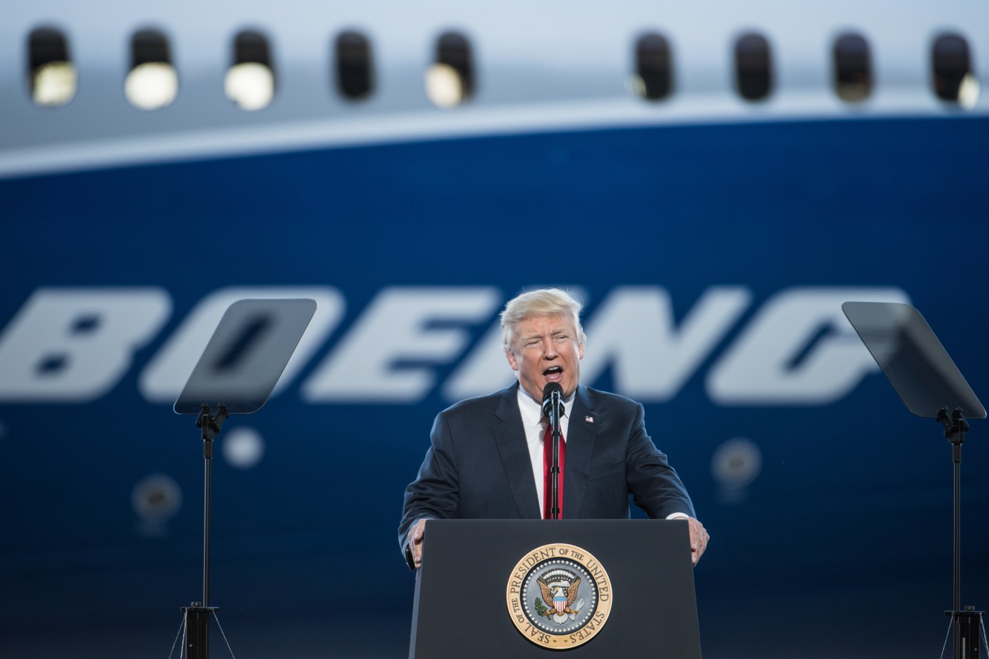 U.S. President Donald Trump addresses a crowd during the debut event for the Dreamliner 787-10 at Boeing's South Carolina facilities on February 17, 2017 in South Carolina.