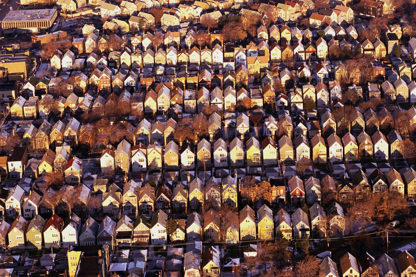 Aerial view of rows of rooftops