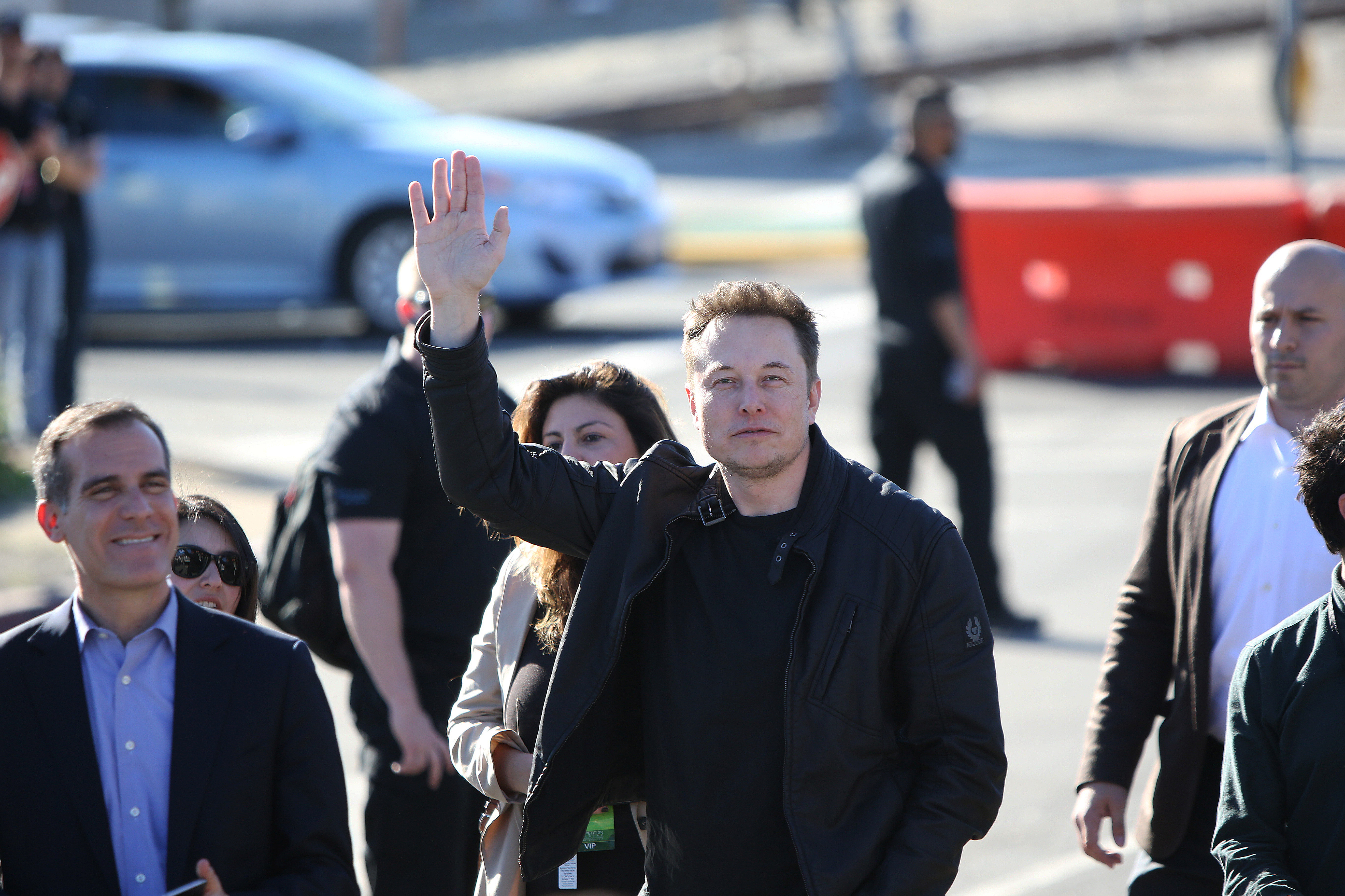Elon Musk, founder and CEO of SpaceX arrives with Los Angeles Mayor Eric Garrett for the SpaceX Hyperloop Pod Competition in Hawthorne, Los Angeles