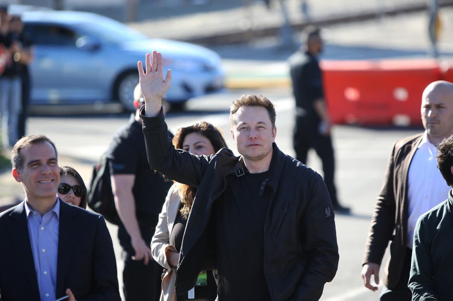 Elon Musk, founder and CEO of SpaceX arrives with Los Angeles Mayor Eric Garrett for the SpaceX Hyperloop Pod Competition in Hawthorne, Los Angeles